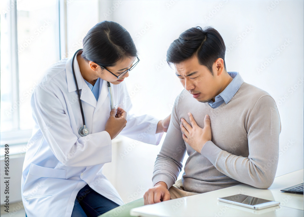 Female doctor in white uniform examines male asian patient with chest pain in clinic. Health care and medicine concept. Female doctor in white uniform examines male asian patient with chest pain in clinic. Health care and medicine concept.