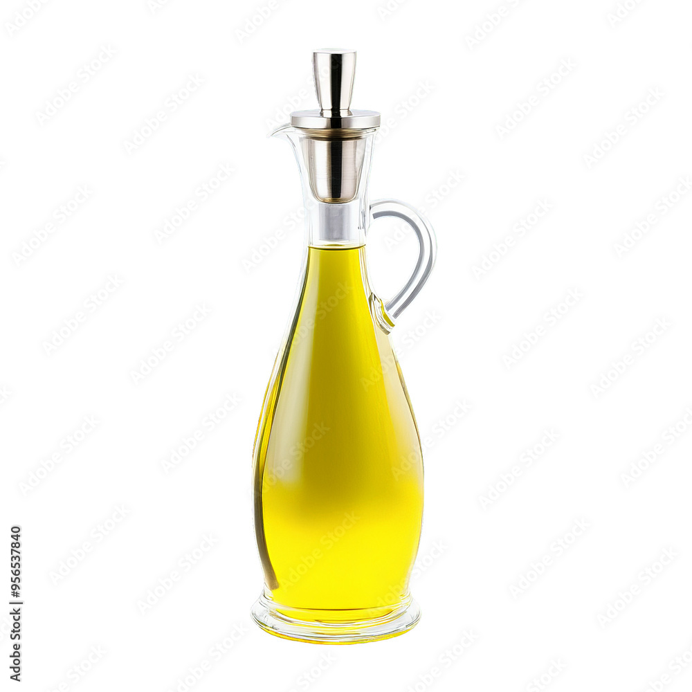 Glass oil dispenser with a stainless steel pouring spout and a clear body filled with Glass oil dispenser with a stainless steel pouring spout and a clear body filled with