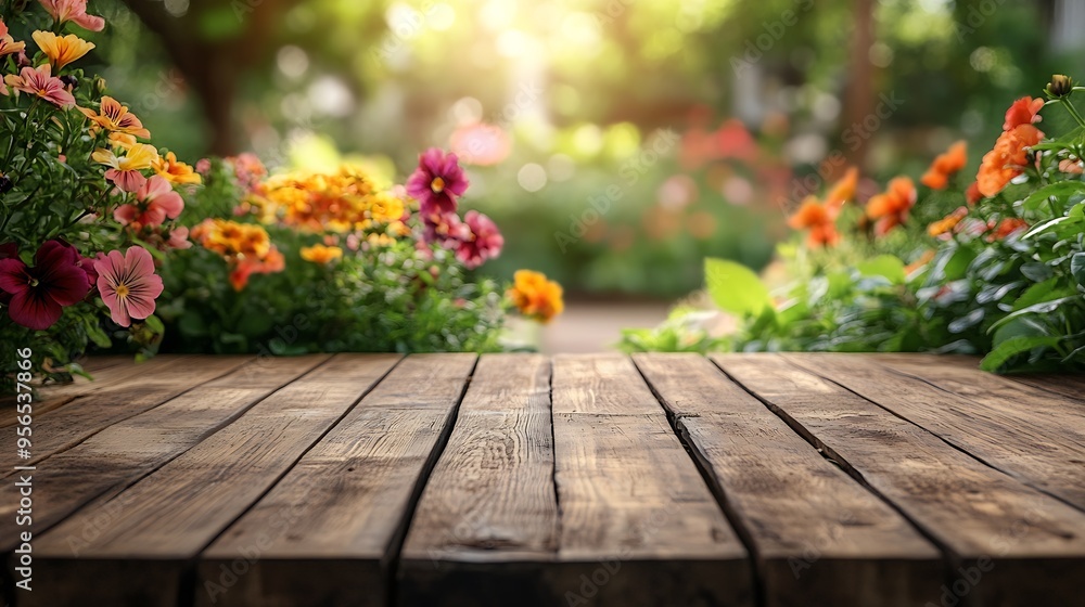 Empty wood table counter on copy space flower garden background Concepts and ideas product display montage image : Generative AI Empty wood table counter on copy space flower garden background Concepts and ideas product display montage image : Generative AI