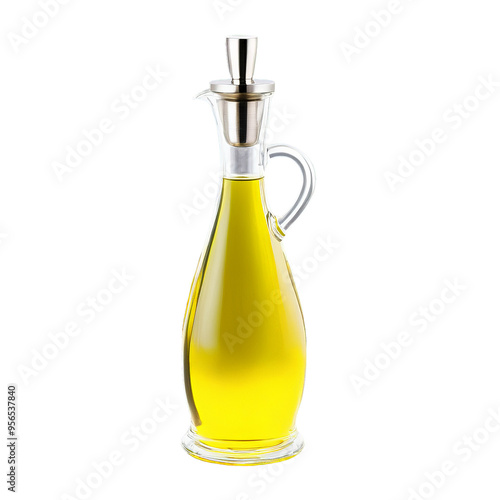 Glass oil dispenser with a stainless steel pouring spout and a clear body filled with