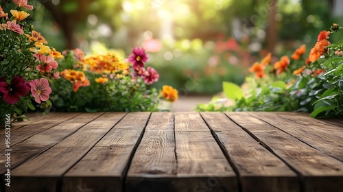 Empty wood table counter on copy space flower garden background Concepts and ideas product display montage image : Generative AI