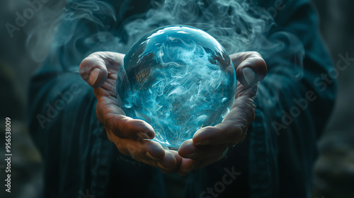 Hand holding a blue magic crystal ball.