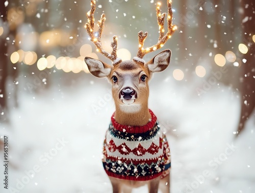 Adorable Deer in Christmas Sweater with Reindeer Antlers, Standing in Snowy Forest Amidst Festive Lights. Winter Wonderland and Holiday Spirit Captured in High Resolution.