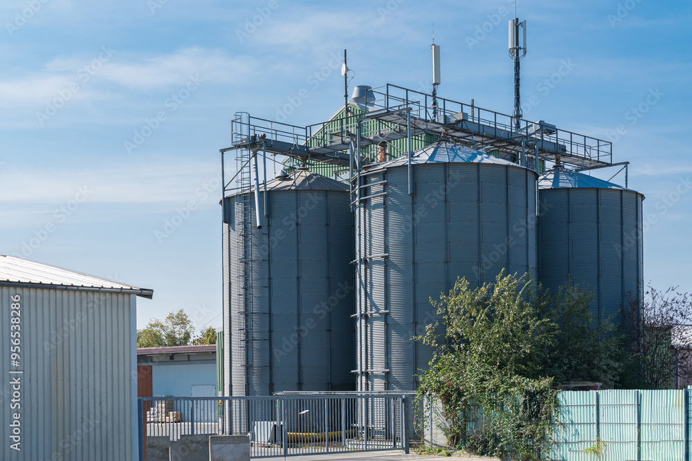 Tall grain silos next to a storage building under a clear sky Tall grain silos next to a storage building under a clear sky