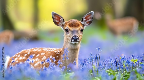 Deer amongst bluebells in old woodland in spring time : Generative AI