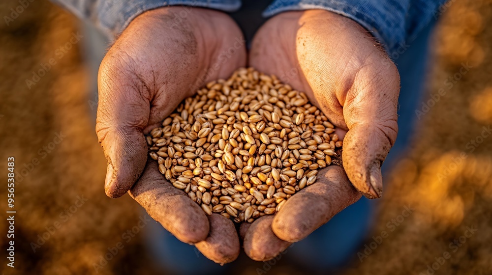 agriculture farmer hands holding grain closeup wheat barley business agriculture concept the farmer inspects the harvest holds grains of wheat in his hands closeup farming hard work cr : Generative AI