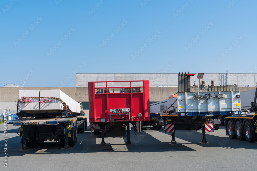 Rear view of long car trailers with reinforced concrete beams Rear view of long car trailers with reinforced concrete beams
