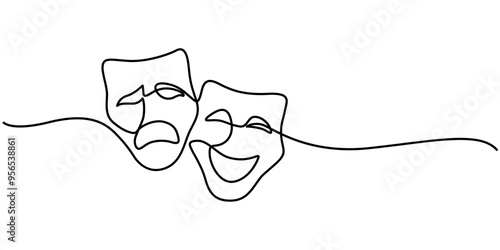 Theater mask one line drawing, opera event symbols continuous hand drawn, theater humor smile mask one line continuous line art, mask one line vector isolated design element, Theater Sign Line Icon
