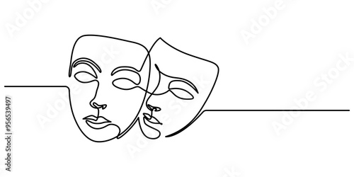 Theater mask one line drawing, opera event symbols continuous hand drawn, theater humor smile mask one line continuous line art, mask one line vector isolated design element, Theater Sign Line Icon