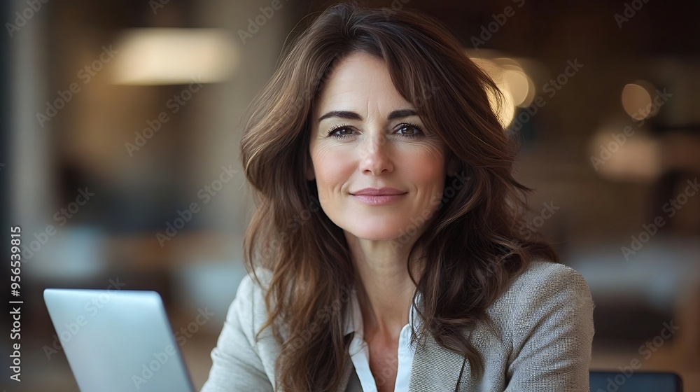 Brunette haired mid aged businesswoman sitting at the office and using laptops for work Confident professional female wearing business casual : Generative AI Brunette haired mid aged businesswoman sitting at the office and using laptops for work Confident professional female wearing business casual : Generative AI