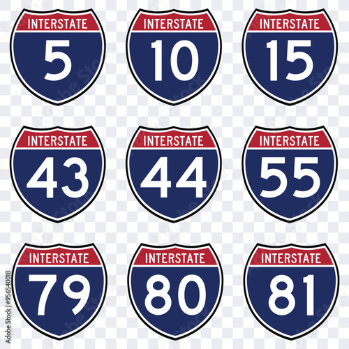 Intarstate american road sign vector isolated. Vector illustration of an American interstate highway sign, presented in isolation.
