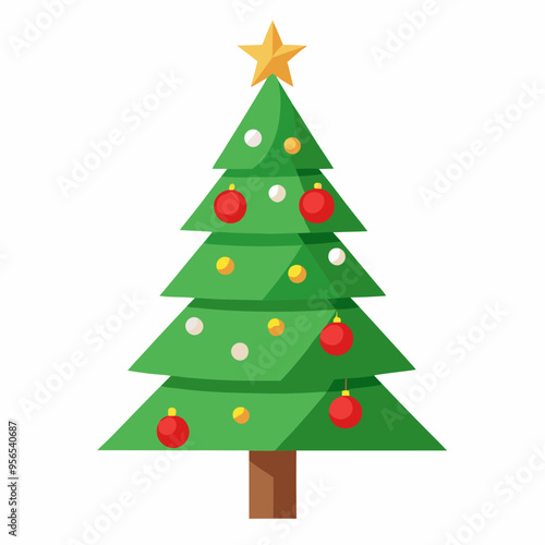 Christmas tree vector illustration, New Year Xmas tree icon on white background, decorated with light