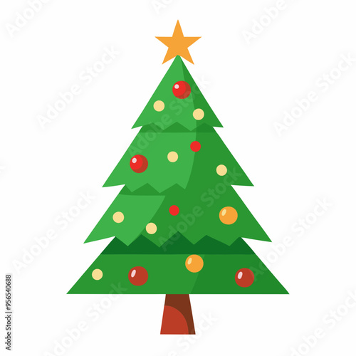 Christmas tree vector illustration, New Year Xmas tree icon on white background, decorated with light