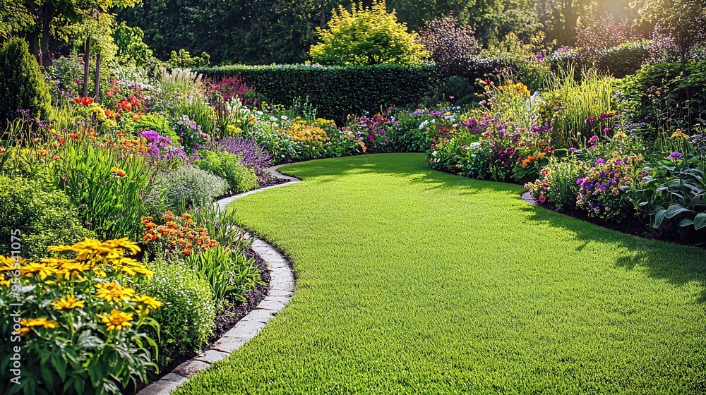 Fototapeta premium Lush green lawn with a winding stone path bordered by a vibrant flower garden.