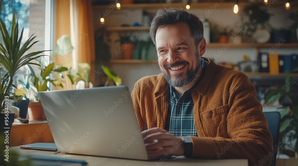 Fototapeta premium A happy adult male freelancer making a video call with a client to go through a new project using his laptop at a desk in a home office : Generative AI