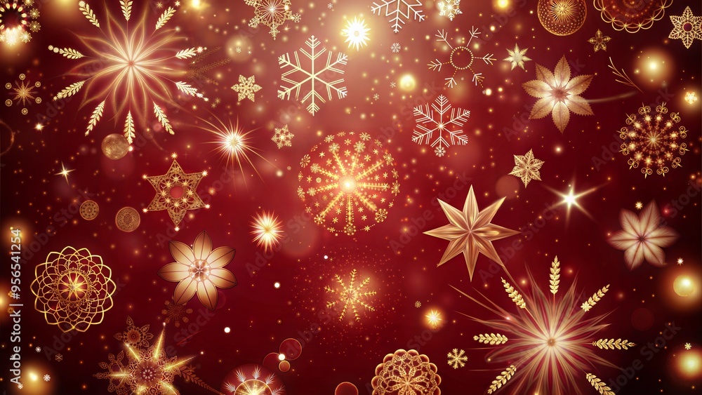 Festive red and gold background with snowflakes and stars for holiday decoration Festive red and gold background with snowflakes and stars for holiday decoration