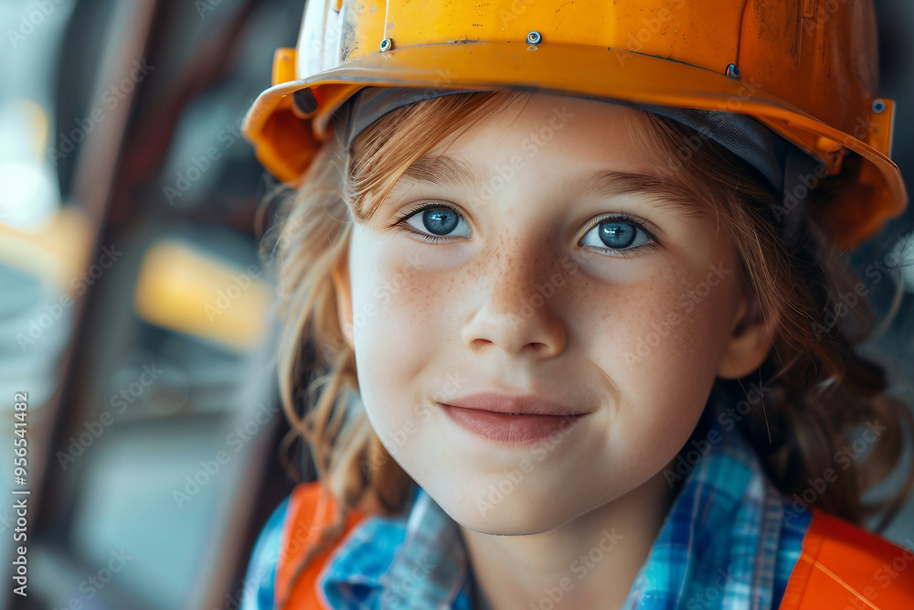 Generated with AI portrait of funny charming cute child wear builder costume