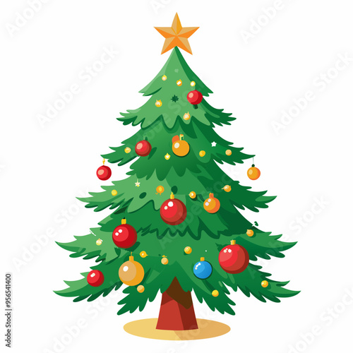 Christmas tree vector illustration, New Year Xmas tree icon on white background, decorated with light