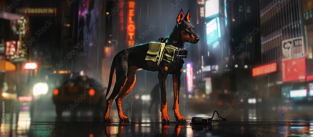 Fototapeta premium Dog with Combat Gear in Rain, Doberman in Futuristic City