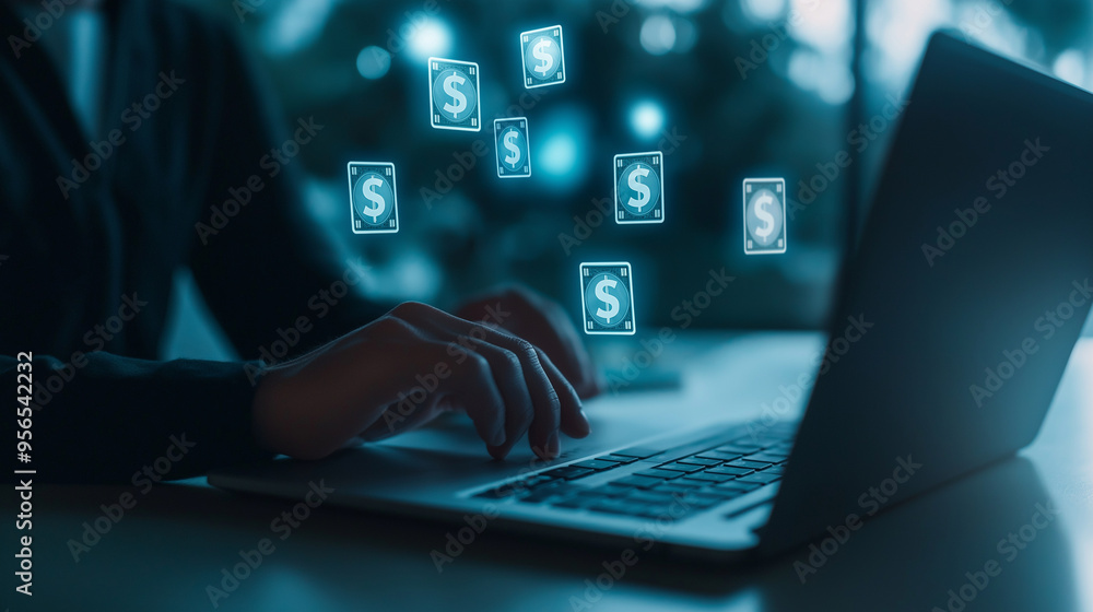A professional using a high-end laptop with floating dollar symbols surrounding the screen, representing online banking and financial management, set against a softly blurred corpo A professional using a high-end laptop with floating dollar symbols surrounding the screen, representing online banking and financial management, set against a softly blurred corpo