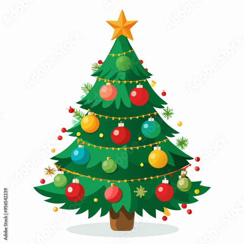 Christmas tree vector illustration, New Year Xmas tree icon on white background, decorated with light