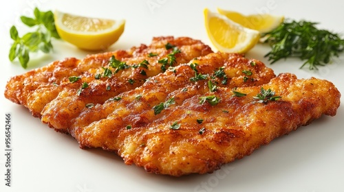 German schnitzel with lemon wedges on a white background