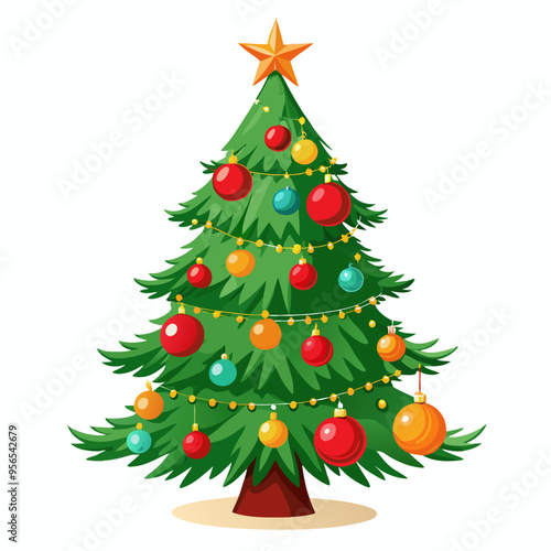 Christmas tree vector illustration, New Year Xmas tree icon on white background, decorated with light