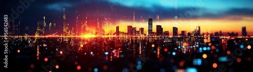 Abstract view of a city skyline influenced by economic policy changes, represented by digital overlays of economic data