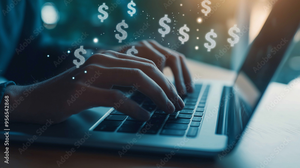 A close-up of a professionalâs hands typing on a laptop, with digital dollar signs floating around, representing the concept of money transfers, with a subtly blurred office in the A close-up of a professionalâs hands typing on a laptop, with digital dollar signs floating around, representing the concept of money transfers, with a subtly blurred office in the