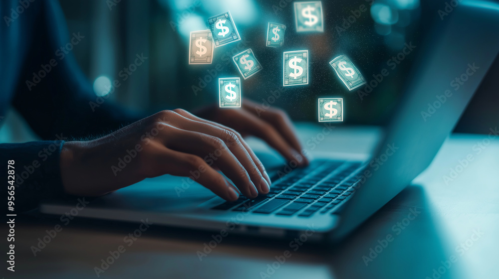A close-up of a professionalâs hands typing on a laptop, with digital dollar signs floating around, representing the concept of money transfers, with a subtly blurred office in the A close-up of a professionalâs hands typing on a laptop, with digital dollar signs floating around, representing the concept of money transfers, with a subtly blurred office in the