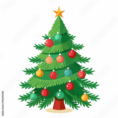 Christmas tree vector illustration, New Year Xmas tree icon on white background, decorated with light