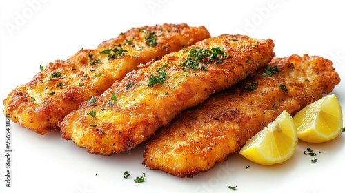 German schnitzel with lemon wedges on a white background