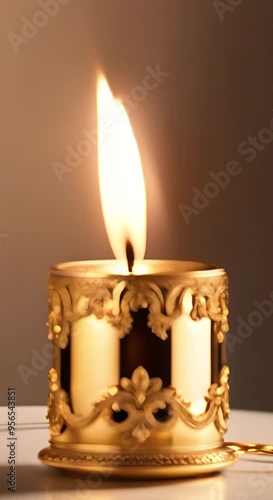 Golden burning candle on soft bokeh background with copy space, spa and wellness visuals. Minimalistic festive golden candle for relaxation and meditation themes, vertical video