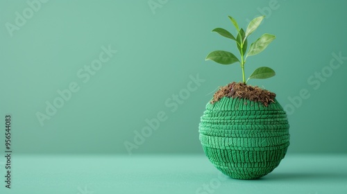 A green plant growing in a unique handmade pot, symbolizing sustainability and eco-friendliness against a soothing background.
