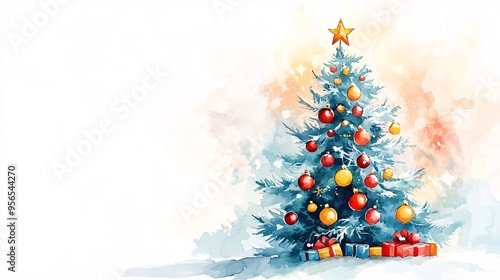 Festive Watercolor Christmas Tree Clipart with Colorful Ornaments and Copy Space
