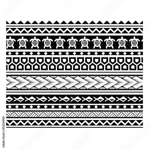 Polynesian pattern tribal tattoo border. Tribal tattoo geometric fore arm samoan band.Tattoo eps forearm samoan sleeve bracelet.Fabric seamless isolated hawaiian pattern on white background.