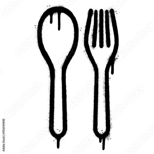Spray Painted Graffiti Spoon and fork icon isolated on white background.