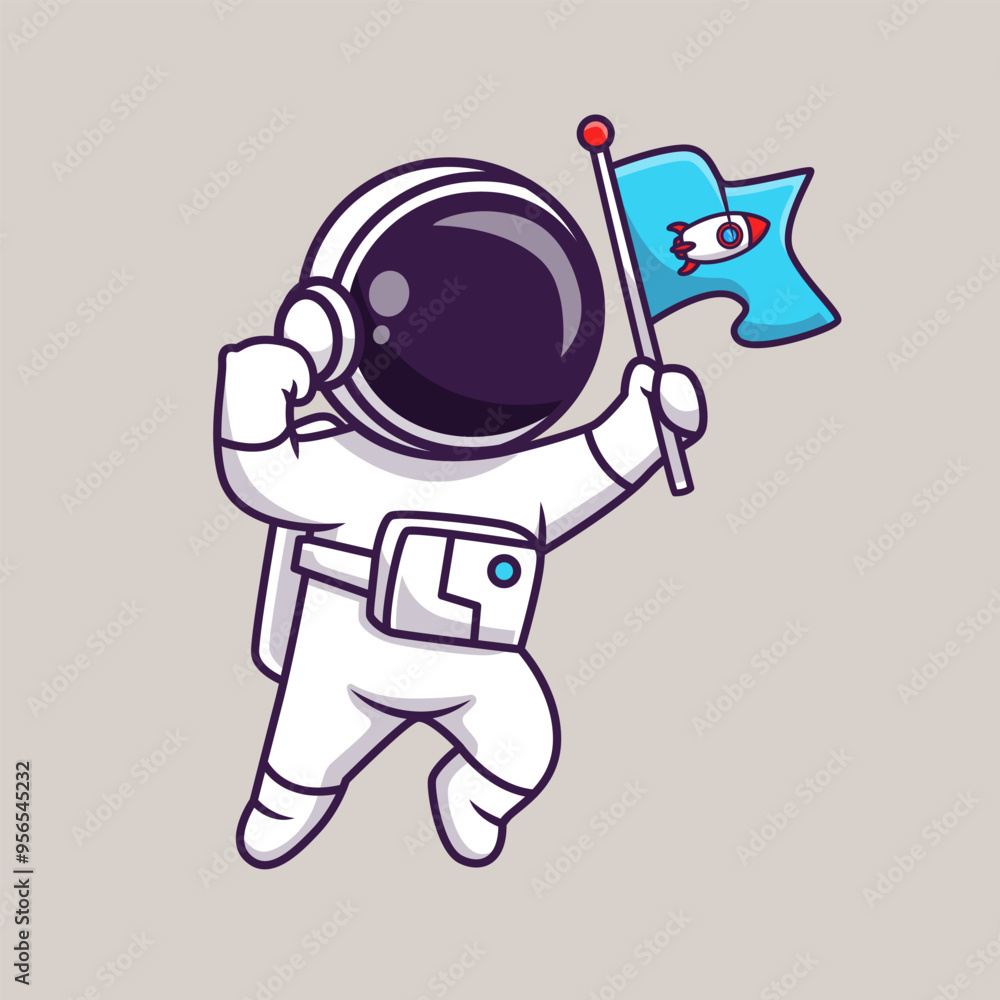 Naklejka premium Cute Astronaut Flying With Rocket Flag Cartoon Vector Icon Illustration Science Technology Icon Concept Isolated Premium Vector. Flat Cartoon Style
