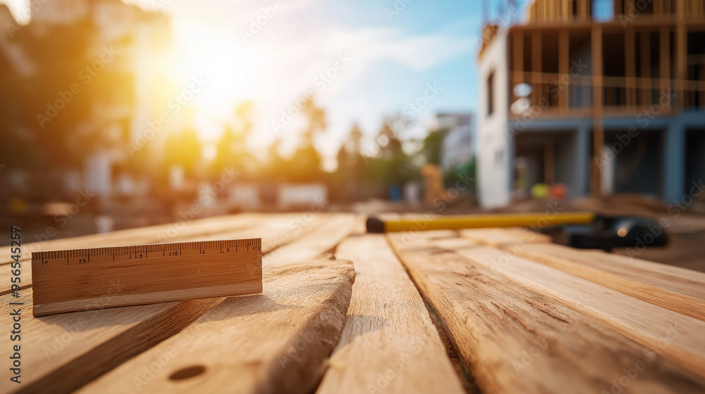 Wooden beams and a carpenterâs square lying on a table outside, with a partially constructed house blurred in the background. Wooden beams and a carpenterâs square lying on a table outside, with a partially constructed house blurred in the background.