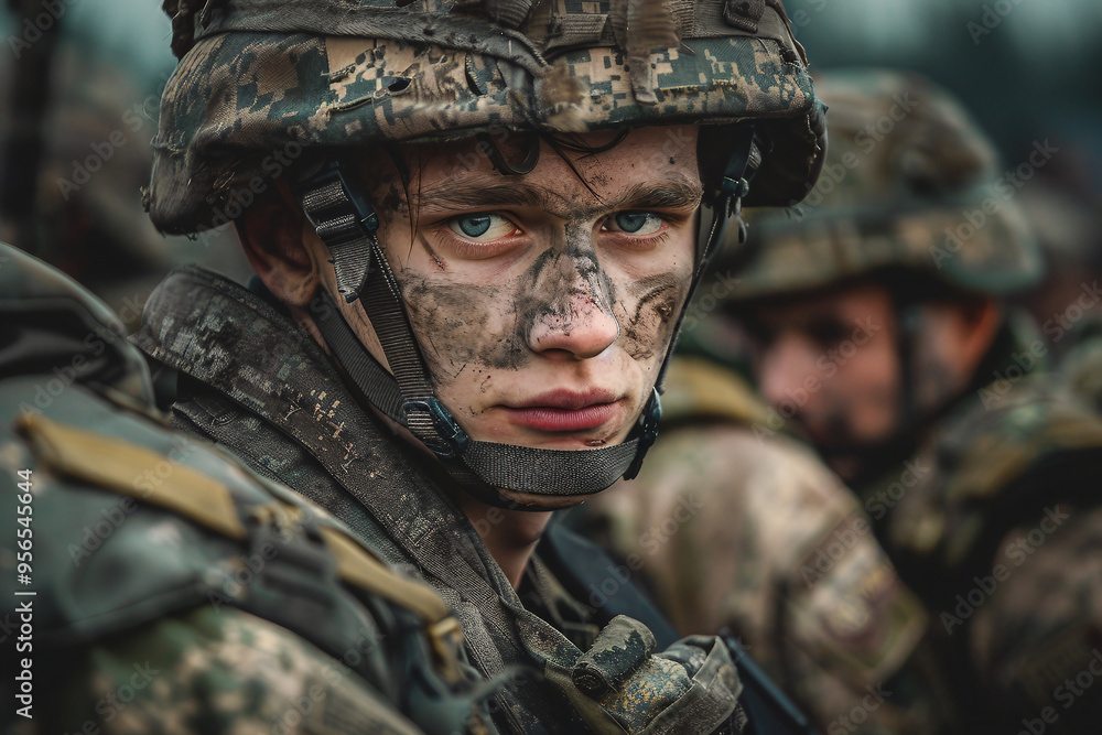 Generated with AI photo of confident soldier fighting battlefield Generated with AI photo of confident soldier fighting battlefield