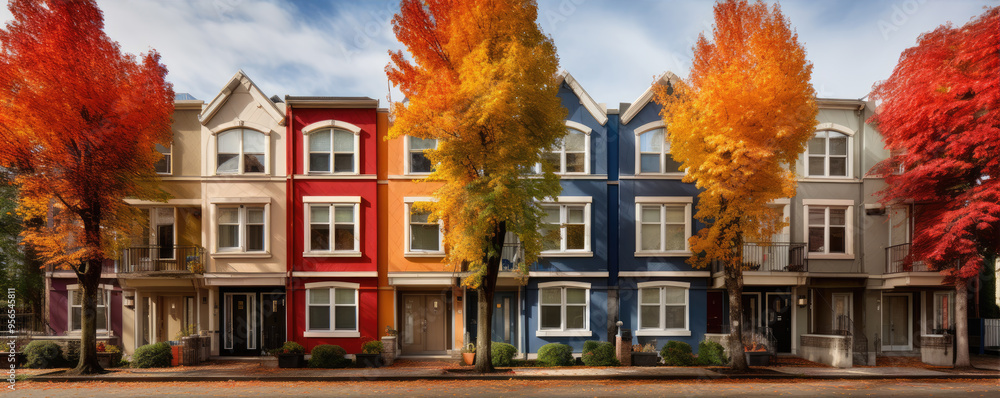 Colored Apartment Buildings in row on sunny street