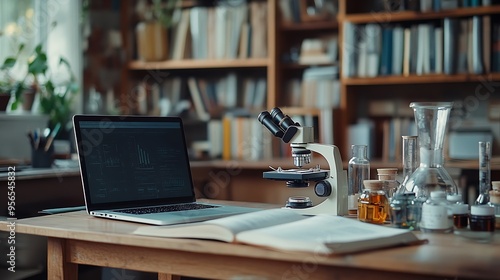 Wallpaper Mural Science and chemistry student desktop with microscope books and laptop : Generative AI Torontodigital.ca