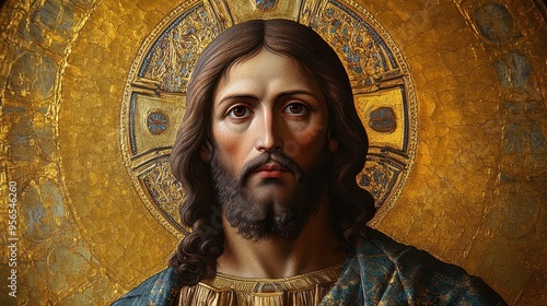 byzantinestyle icon of christ richly detailed gold leaf background piercing eyes gazing directly at viewer ornate halo deep earth tones in clothing aura of divine wisdom and compassion photo