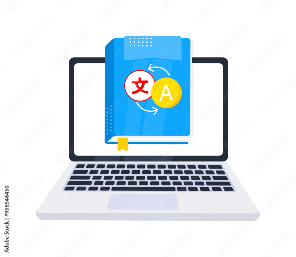 Online language course, digital translation service concept, laptop translating document, foreign languages learning app Online language course, digital translation service concept, laptop translating document, foreign languages learning app
