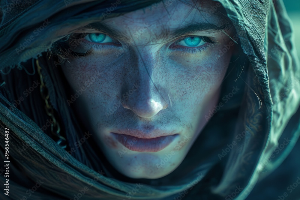 A mysterious sorcerer stands wrapped in shadows, revealing piercing blue eyes that reflect otherworldly energies. The surrounding forest glimmers with enchantment as twilight descends A mysterious sorcerer stands wrapped in shadows, revealing piercing blue eyes that reflect otherworldly energies. The surrounding forest glimmers with enchantment as twilight descends