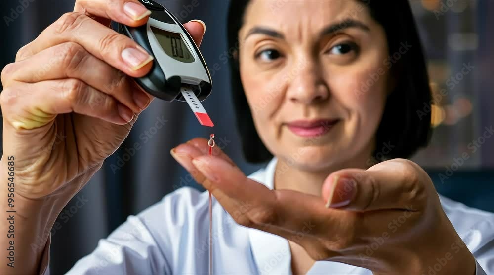 A person checks their blood glucose level using a portable device A person checks their blood glucose level using a portable device