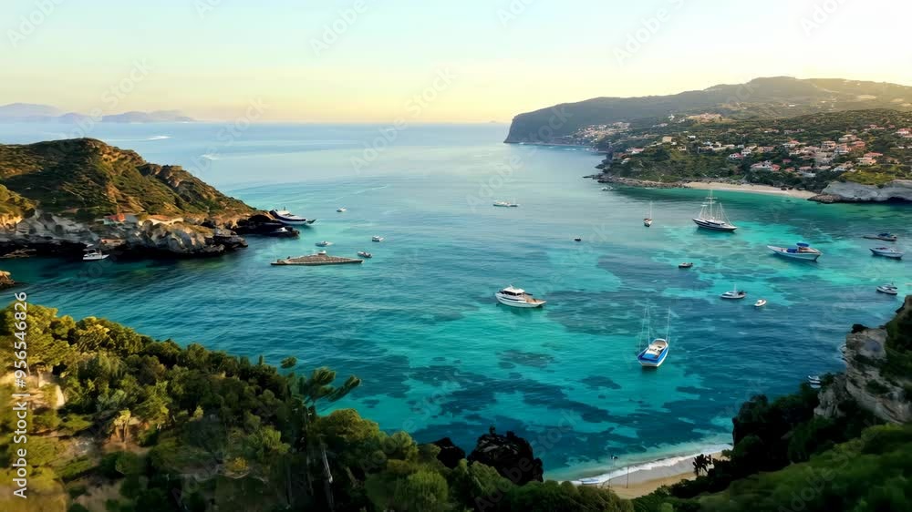 Aerial view of car cruising through stunning Mediterranean landscape with tranquil sea on a sunny summer morning. Aerial view of car cruising through stunning Mediterranean landscape with tranquil sea on a sunny summer morning.