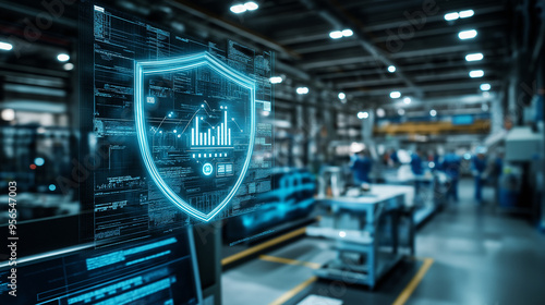 A large-scale manufacturing plant with a digital shield hovering over it, signifying the defense of crucial industrial processes from cyber attacks.