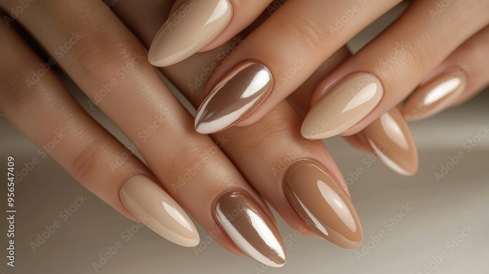 Closeup to woman hands with elegant neutral colors manicure