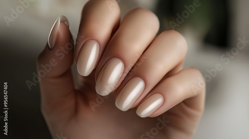 Closeup to woman hands with elegant neutral colors manicure